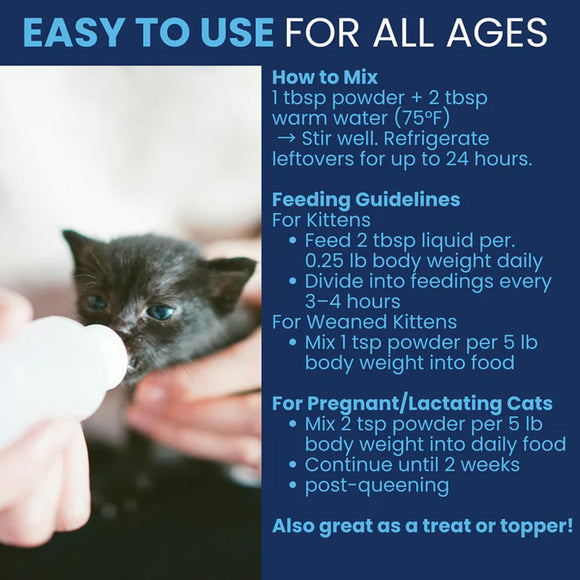 Cat being fed from a bottle with feeding guidelines on a blue background