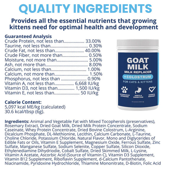 Goat milk replacer for cats and kittens with nutritional information and product label.