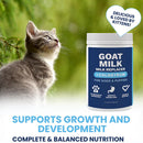 Cat next to a bottle of goat milk replacer with text about its benefits