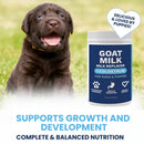 Dog with a bottle of goat milk replacer for dogs and puppies on a grassy background
