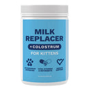 Milk replacer and colostrum powder for kittens with blue label and white container.