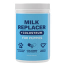 Milk replacer and colostrum powder for puppies with blue label and white lid.