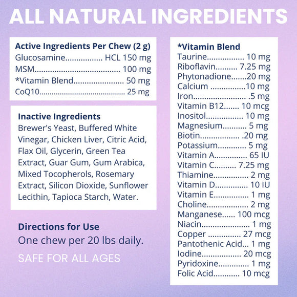 Nutritional label with active and inactive ingredients on a purple background
