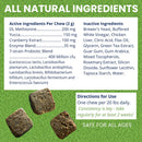 Product label with active and inactive ingredients, directions for use, and images of chewable treats on a green background.