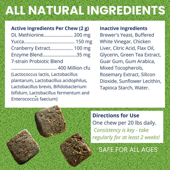 Product label with active and inactive ingredients, directions for use, and images of chewable treats on a green background.