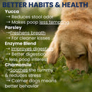 Dog sniffing grass with text about yucca, parsley, enzyme blend, and chamomile for better habits and health.