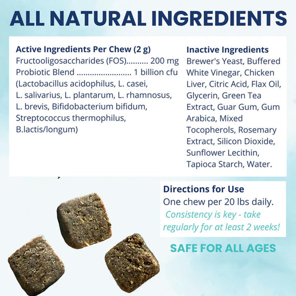 Product label with active and inactive ingredients, directions for use, and safety information on a blue background.