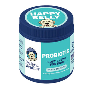 Jar of Happy Belly Probiotic Soft Chews for dogs on a white background