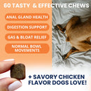 Dog chew product with text highlighting benefits and flavor, alongside a dog lying on a bed.