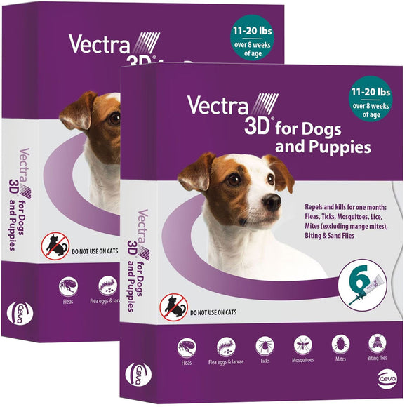 Vectra 3D Flea and Tick Spot Treatment for Dogs & Puppies 11-20 lbs - 12 Doses (12-mos. supply) - Dog Flea & Tick 3