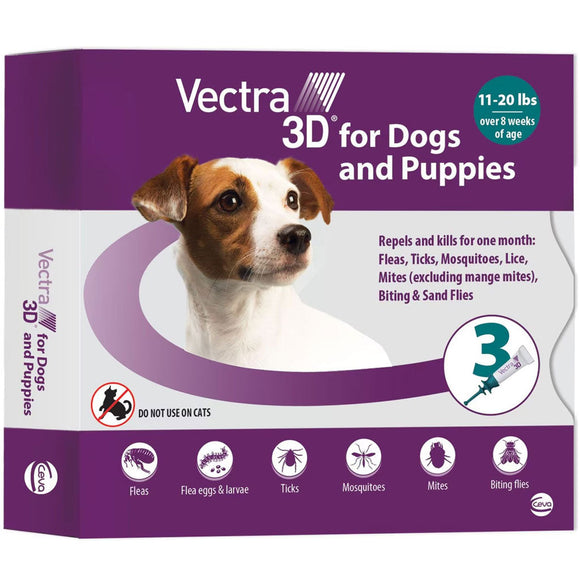 Vectra 3D Flea and Tick Spot Treatment for Dogs & Puppies 11-20 lbs - 3 Doses (3-mos. supply) - Dog Flea & Tick 1