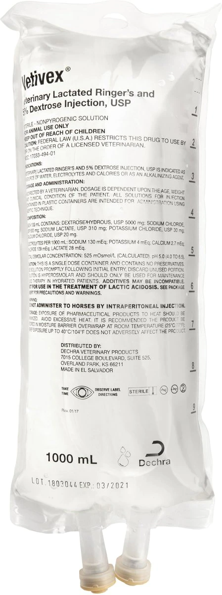 Vetivex Lactated Ringers with 5% Dextrose Injection (1000 ml) - Pet Medicine 1