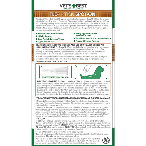 Vet's Best Flea & Tick Spot Treatment for Medium Dogs 16-40 lbs (4 doses)