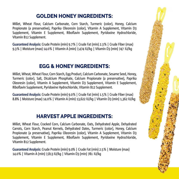 Vitakraft Crunch Sticks Honey Egg & Apple Variety Pack Treats for Parakeets 3 Sitcks - Bird Treats 6