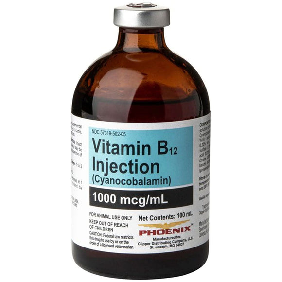 Vitamin B12 (Generic) Injectable Solution for Pets, 100-ml (1000mcg/ml), (Manufacturer may vary)