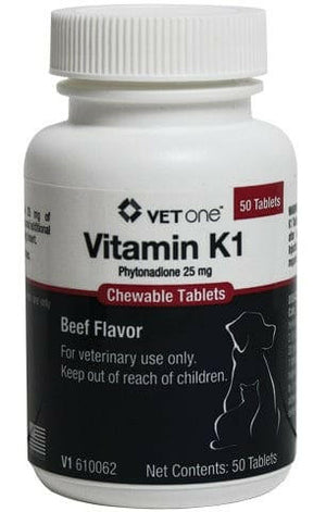 Vitamin K-1 Chewable Tablets Beef Flavor 25mg 50 Count - Supplements & Vitamins for Dogs & Cats 1