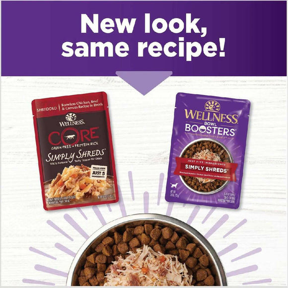 Wellness Bowl Boosters Simply Shreds Chicken Beef & Carrots Grain-Free Dog Food Topper (2.8 oz x 12 pouches)