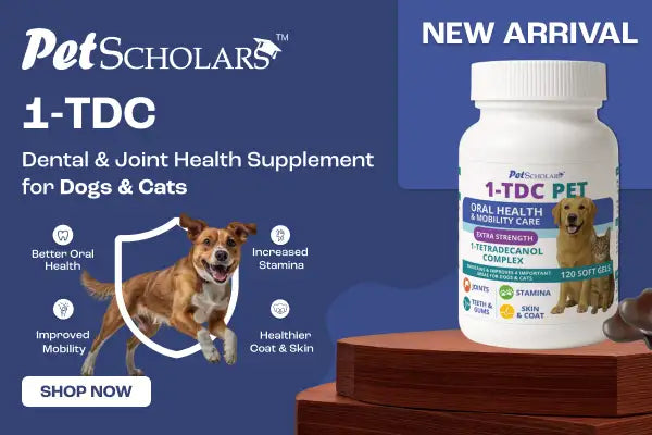 White plastic bottle of petscholars 1-tdc pet supplement with a white cap and blue label featuring images of dogs.