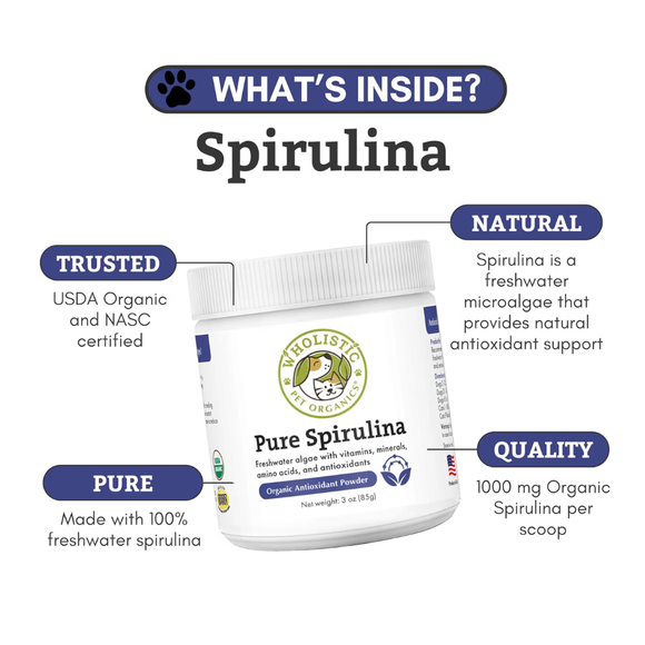 Wholistic Pet Organics Pure Spirulina for Cats & Dogs 3 oz - Dog & Cat Supplements & Vitamins 3