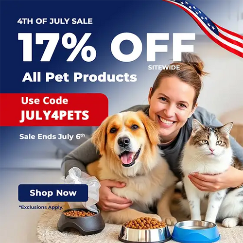 A woman smiling while holding a golden retriever and a tabby cat, with pet food bowls in front of them.