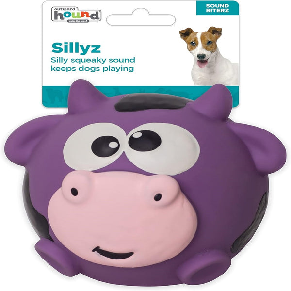 Outward Hound Sillyz Cow Latex Rubber Squeaky Ball Fetch Toy For Dog Purple