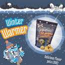 Dog treat package labeled 'Winter Warmer' with a cartoon dog character on a snowy background.
