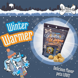Dog treat package labeled 'Winter Warmer' with a cartoon dog character on a snowy background.