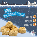 Dog treats with 'Lazy Dog Cookies' branding on a snowy background