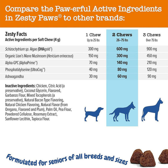 Zesty Paws Senior Advanced Cognition Bites Chicken Flavor Calming Supplement For Dogs (90 ct)
