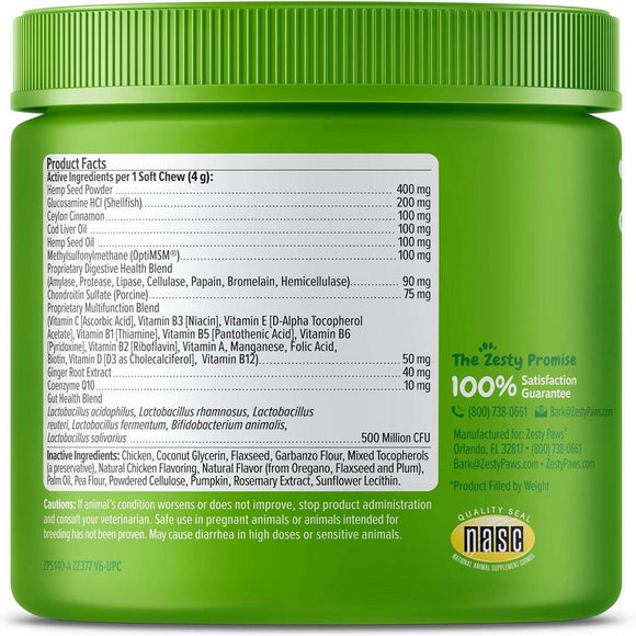 Zesty Paws Hemp Elements 8-in-1 Multifunctional Chicken Flavored Chews for Dogs (90 ct)