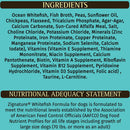 List of ingredients and nutritional adequacy statement for a dog food formula on a teal background.