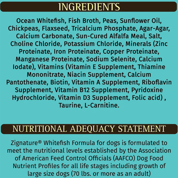List of ingredients and nutritional adequacy statement for a dog food formula on a teal background.