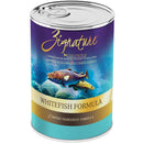 Can of Zignature Whitefish Formula dog food with fish illustration on a white background