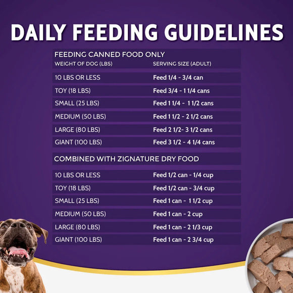 Daily feeding guidelines for canned dog food on a purple background with a dog and bowl of food.