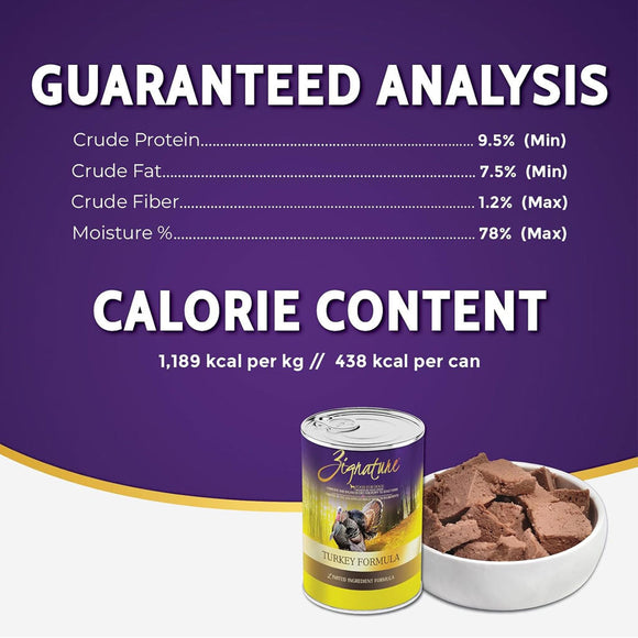 Dog food can and bowl with guaranteed analysis and calorie content information on a purple background