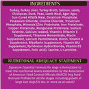 Dog food ingredient list and nutritional adequacy statement on a purple background