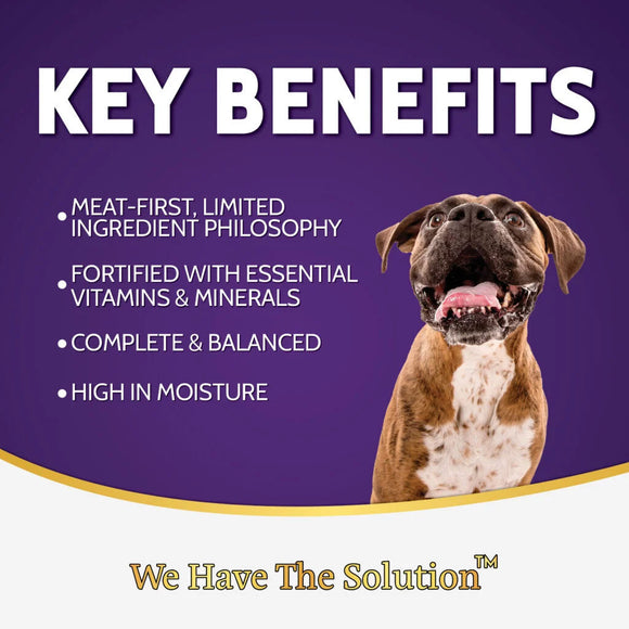 Dog on a purple background with text listing key benefits of a pet food product.