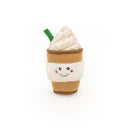 Plush toy resembling a ice cream shake with a smiling face on a white background