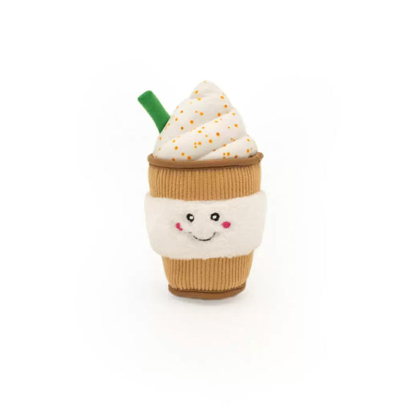 Plush toy resembling a ice cream shake with a smiling face on a white background