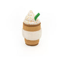 Toy resembling a coffee cup with whipped cream and a green straw on a white background