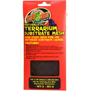 Zoo Med Terrarium Substrate Mesh packaging with red background and black mesh image.