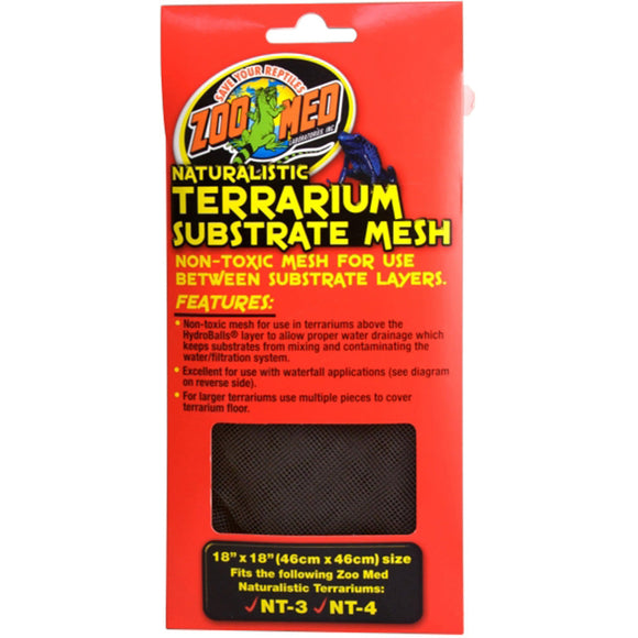 Zoo Med Terrarium Substrate Mesh packaging with red background and black mesh image.