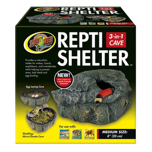Box of Zoo Med Repti Shelter 3-in-1 Cave with product images on a white background