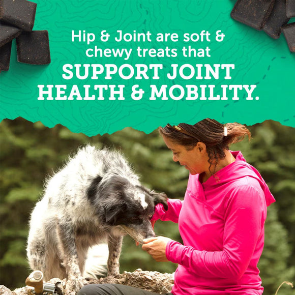 Woman in pink jacket interacting with a dog outdoors, with text about hip and joint treats.