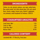 Nutritional label with ingredients, guaranteed analysis, and calorie content on a yellow background.