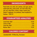 Product label with ingredients, guaranteed analysis, and calorie content on a yellow background.