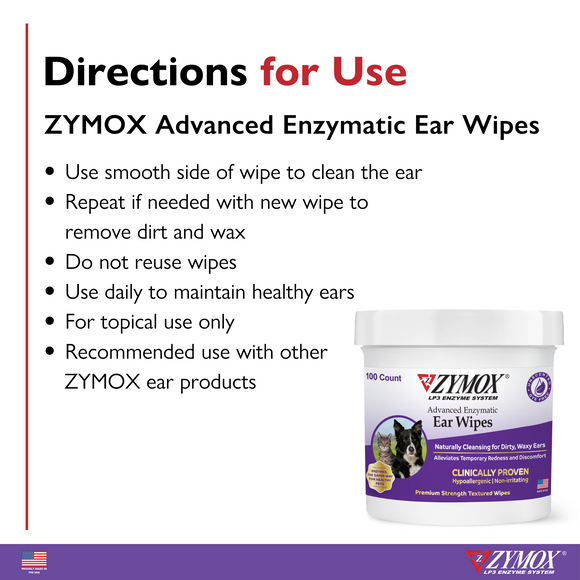 Zymox Advanced Enzymatic Ear Wipes for Dogs & Cats - Directions for Use
