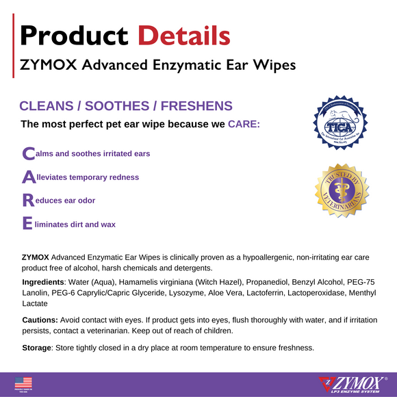 Zymox Advanced Enzymatic Ear Wipes for Dogs & Cats - Product Details