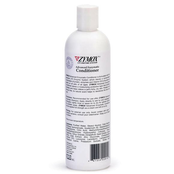 Back label of Zymox Advanced Enzymatic Oatmeal Pet Conditioner Liquid for Dogs & Cats