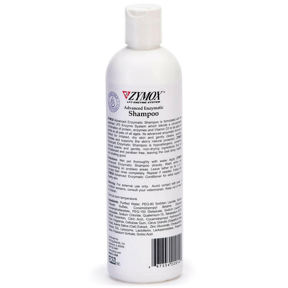 Back label of Zymox Enzymatic Oatmeal Pet Shampoo Liquid for Dogs & Cats